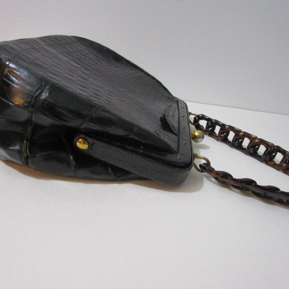 Crocodile Purse Top Handle Frame Vintage 1950s Glossy Black - Picture 9 of 16